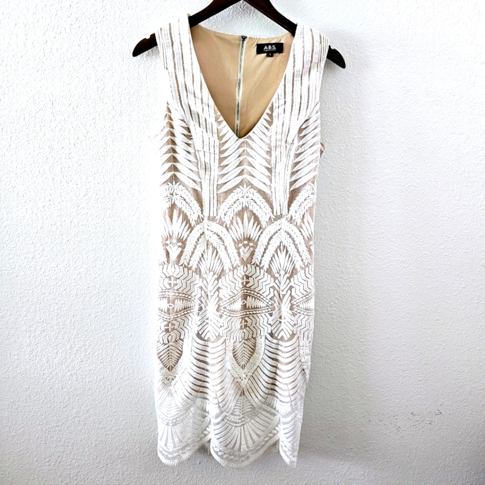 ABS white dress size 4 lace overlay nude v neck scalloped hem sleeveless